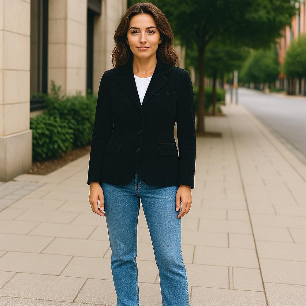 Katie Todd Velour Blazer Women L Textured Black Patch Pockets Notched Collar